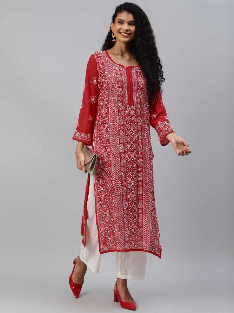 ADA Women Red & White Hand Embroidered Chikankari Sustainable Handloom Kurta With Matching Slip | Grocsy