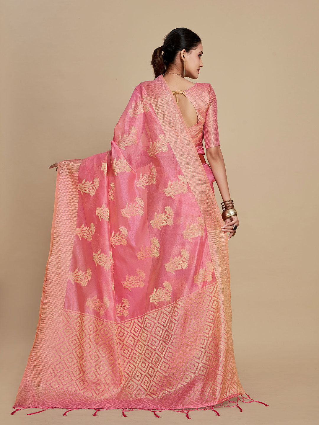 Sangria Pink Woven Design Organza Saree | Grocsy