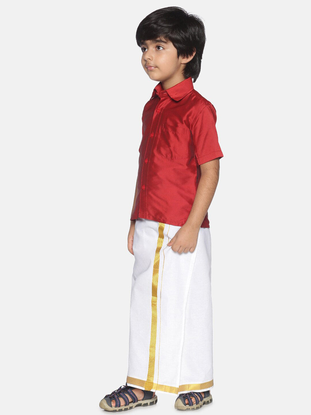 Sethukrishna Boys Red & White Shirt With Veshti Set | Grocsy