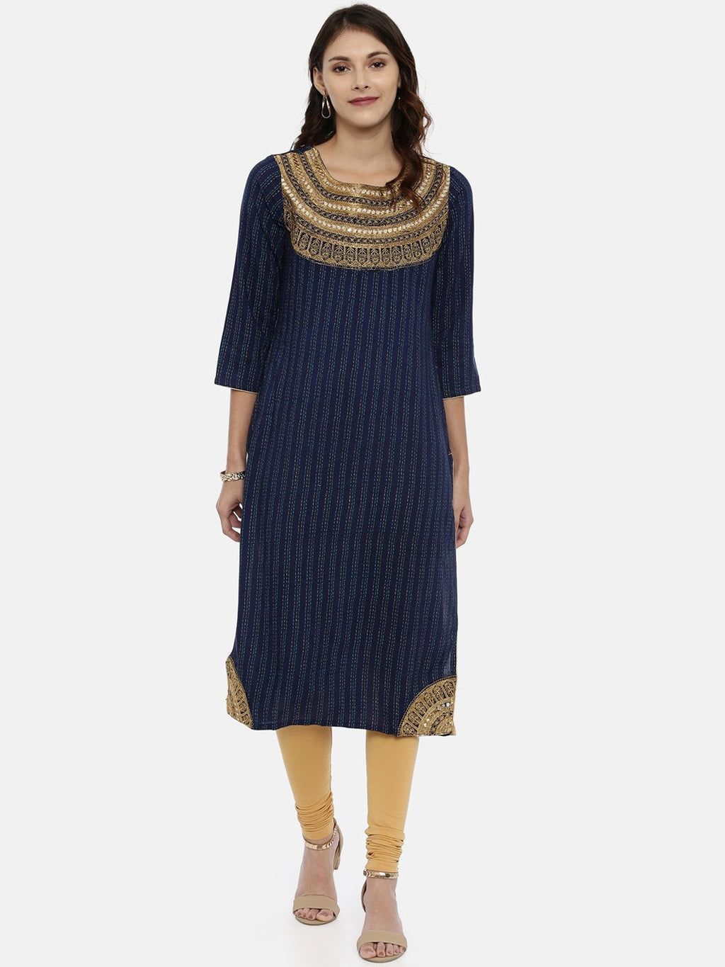 Souchii Navy Blue & Gold-Toned Striped A-Line Kurta | Grocsy