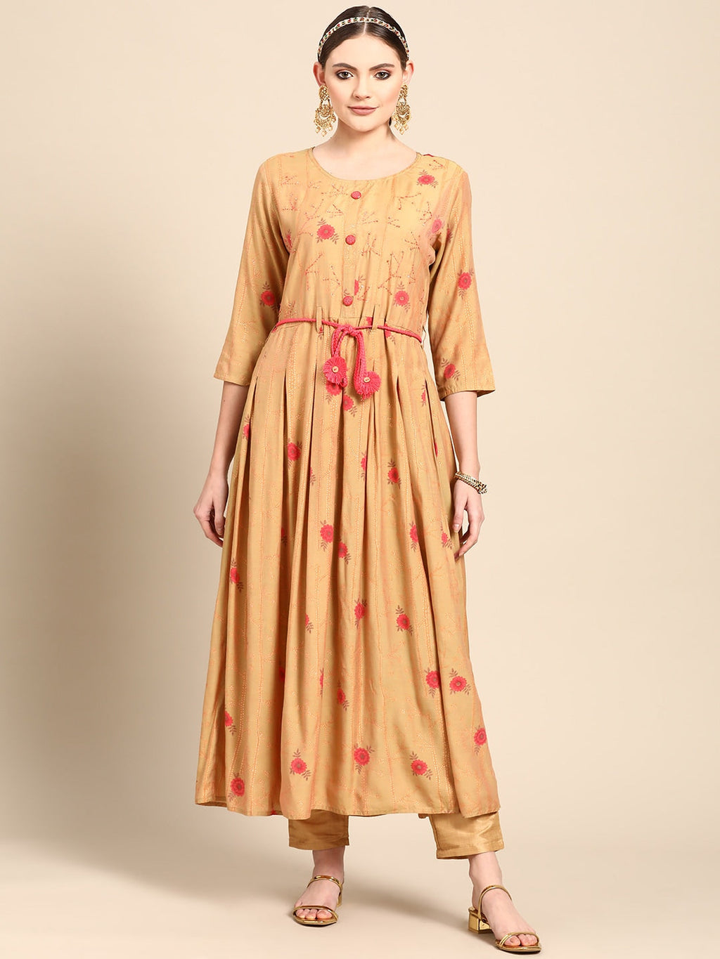 Sangria Women Mustard Yellow & Pink Ethnic Motifs Embroidered Mirror Work Anarkali Kurta | Grocsy