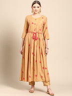 Sangria Women Mustard Yellow & Pink Ethnic Motifs Embroidered Mirror Work Anarkali Kurta | Grocsy