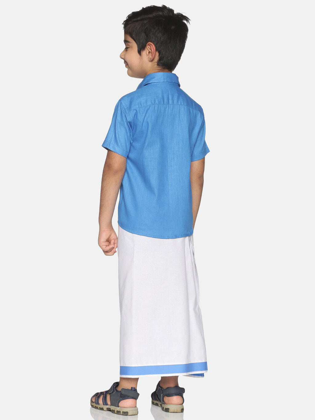 Sethukrishna Boys Blue & White Solid Shirt and Veshti Set | Grocsy