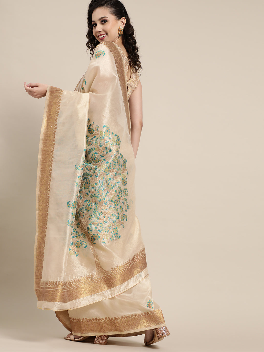 Saree Mall Saree Mall Rich Beige and Gold Silk Blend Saree | Grocsy