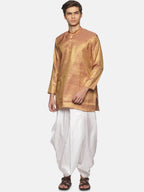 Sethukrishna Men Art Silk Golden & Red Kurta with Dhoti Pants | Grocsy