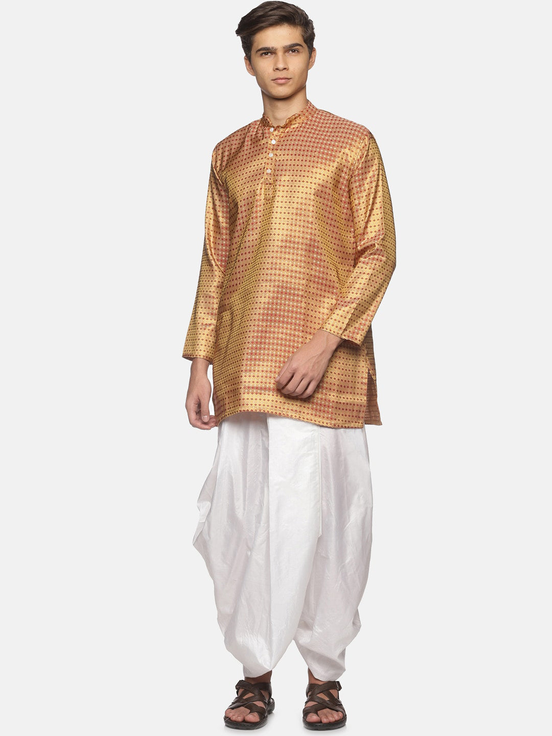 Sethukrishna Men Art Silk Golden & Red Kurta with Dhoti Pants | Grocsy