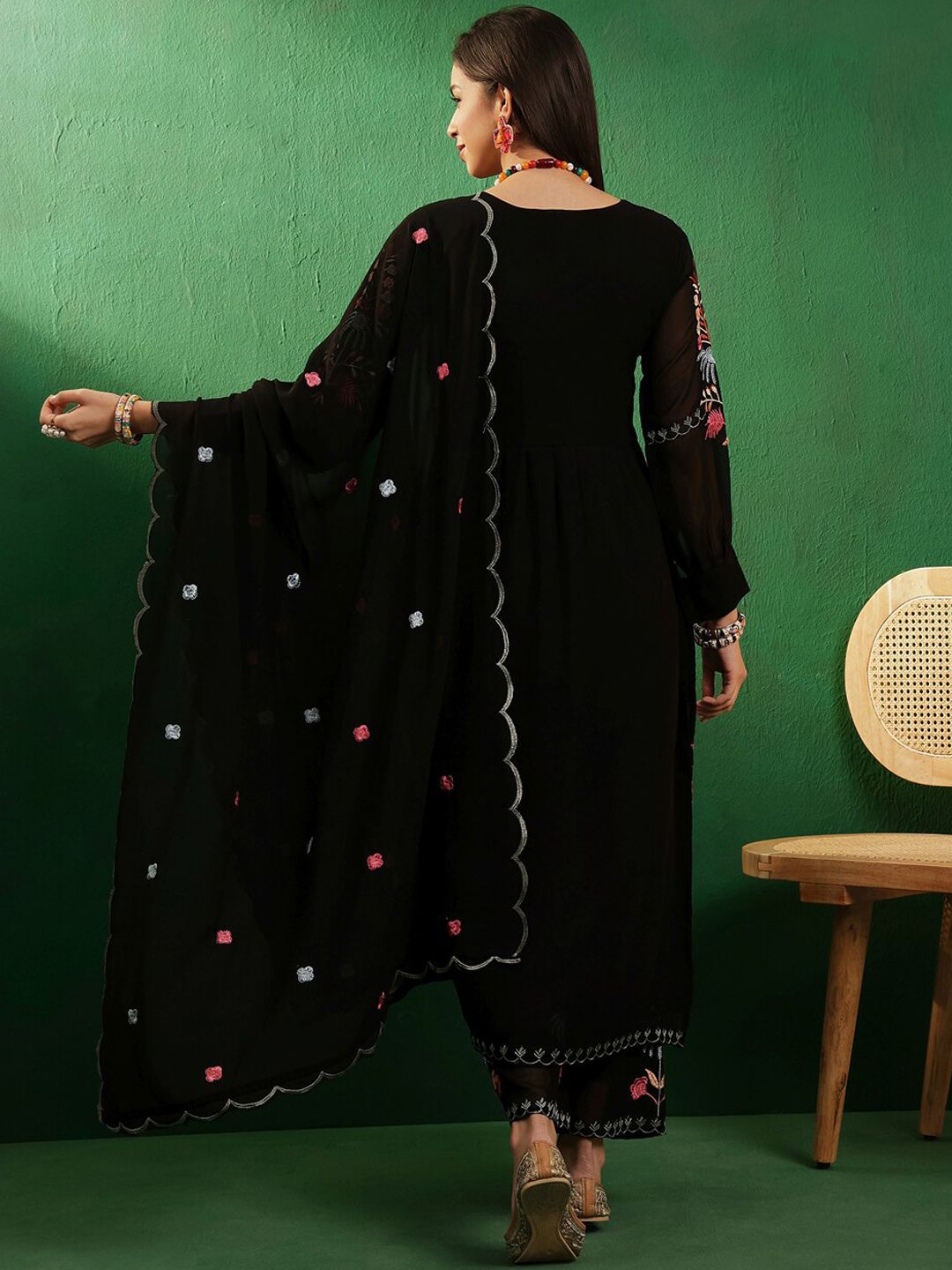 Sangria V Neck Floral Embroidered A Line Kurta with Palazzos & Dupatta | Grocsy
