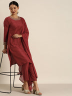 All About You Women Maroon & Golden Satin Finish Kurta with Trousers & With Dupatta | Grocsy