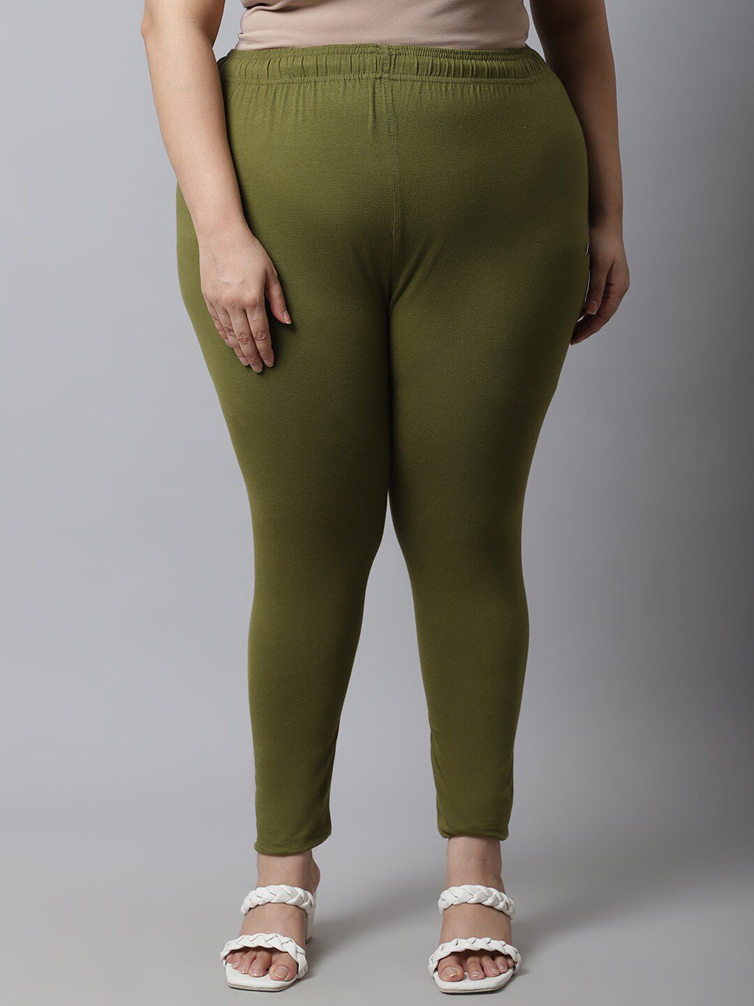 TAG 7 Women Plus Size Olive Green Solid Ankle-Length Plus Size Leggings | Grocsy