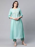 Ahalyaa Women Sea Green Colour Pure Cotton Gold Foil Print Kurta Pant Set | Grocsy