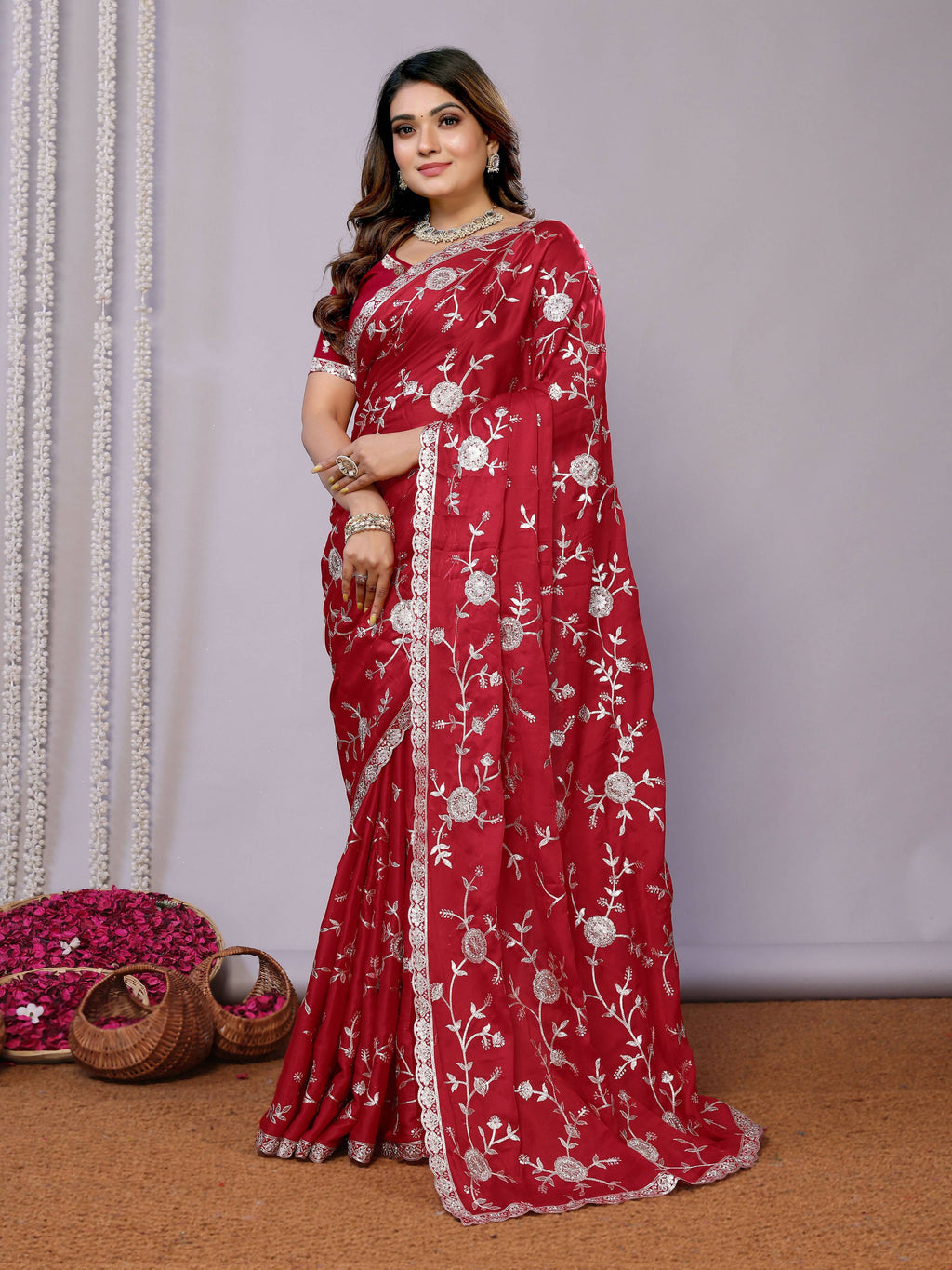 Red Pure Satin Embroidered Saree With Stitched Blouse - Nimaya Kaksha | Grocsy