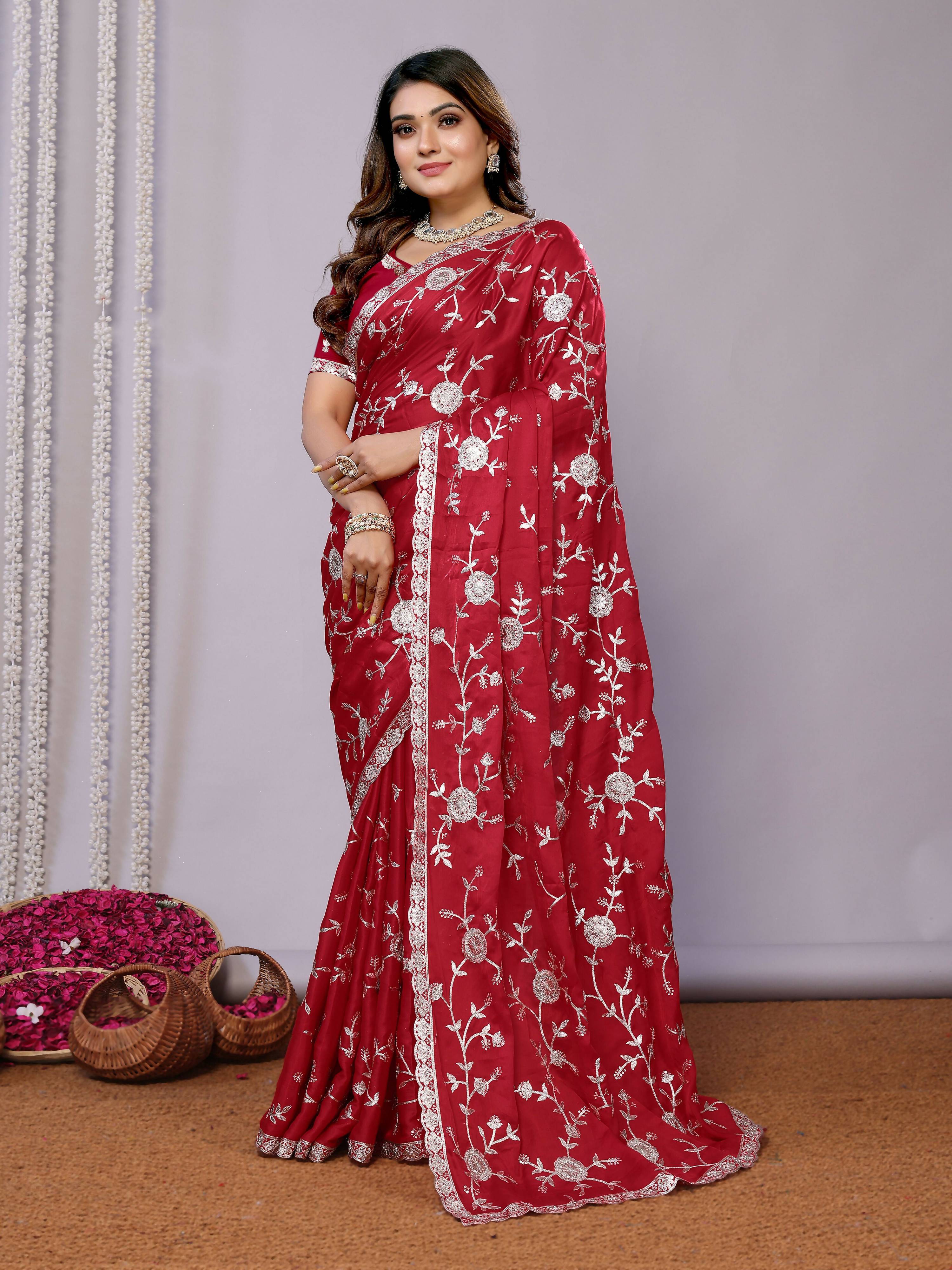 Red Pure Satin Embroidered Saree With Stitched Blouse - Nimaya Kaksha | Grocsy