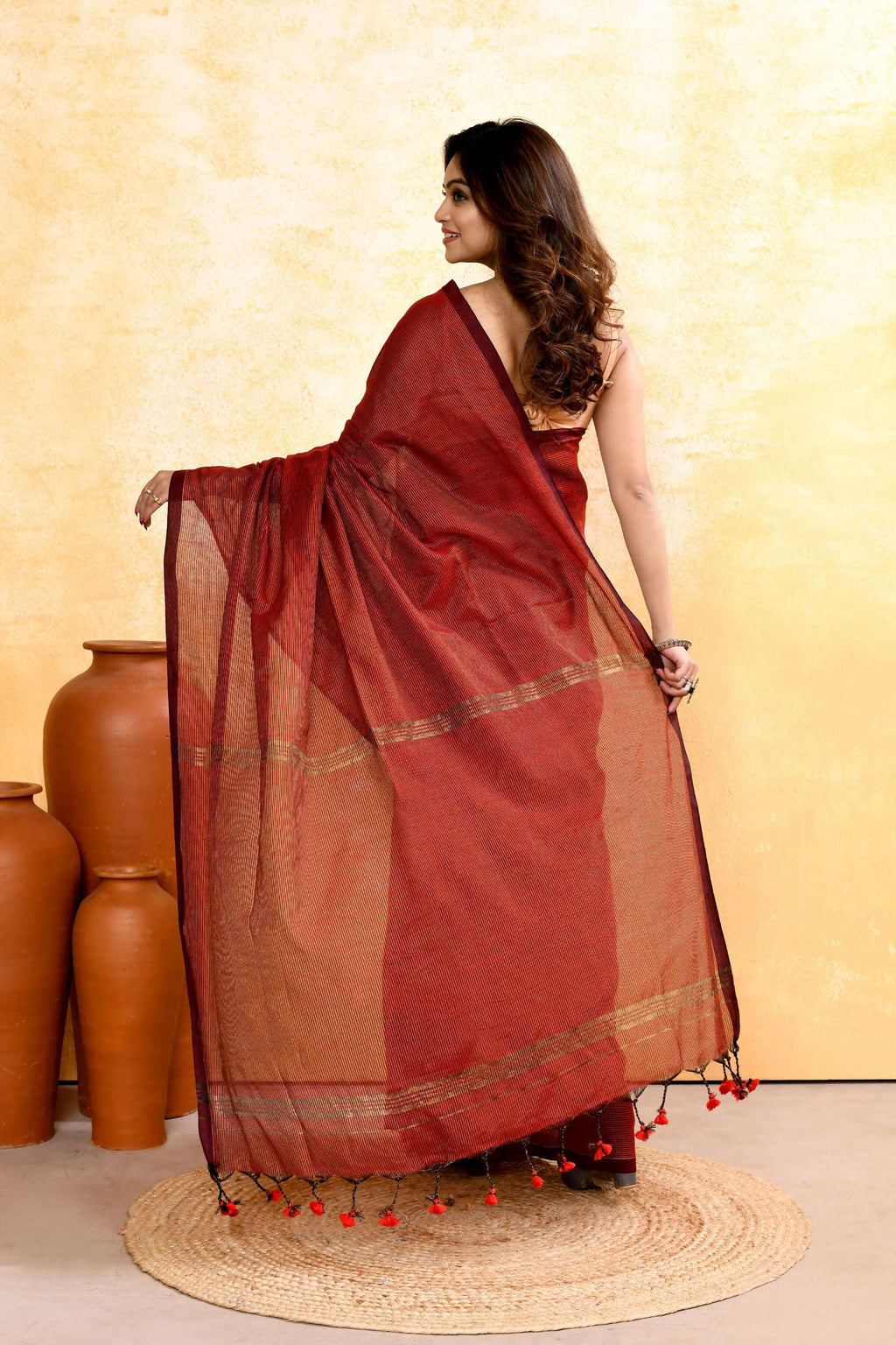Piyari Fashion Women's Maroon Embellished Cotton Blend Zari Check Handloom Saree | Grocsy