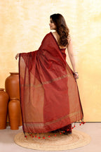 Piyari Fashion Women's Maroon Embellished Cotton Blend Zari Check Handloom Saree | Grocsy
