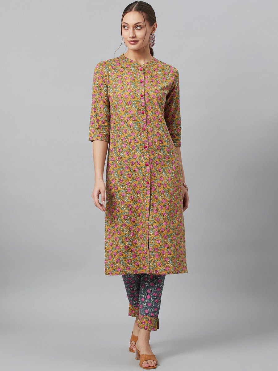 Aks Floral Printed Mandarin Collar Regular Pure Cotton Kurta With Trousers | Grocsy
