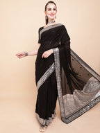 Sangria Black & Silver-Toned Embellished Sequinned Pure Georgette Saree | Grocsy