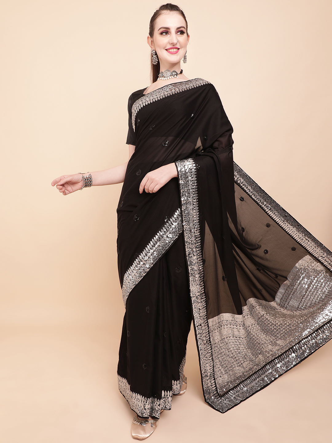 Sangria Black & Silver-Toned Embellished Sequinned Pure Georgette Saree | Grocsy