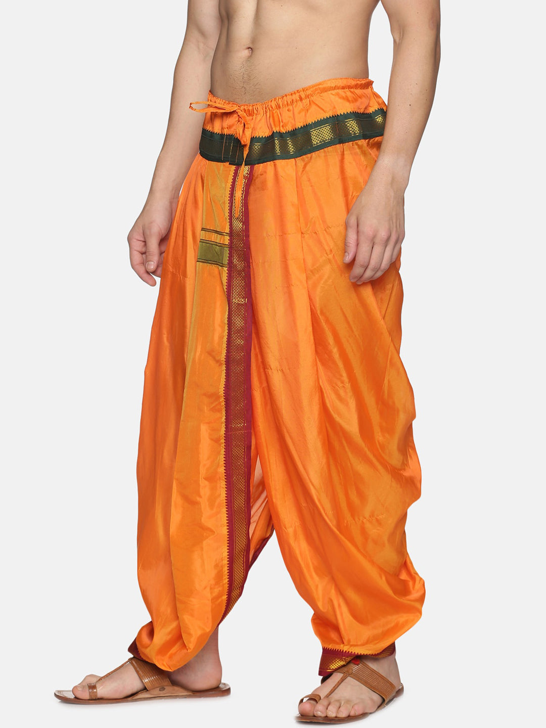 Sethukrishna Men Orange & Green Solid Readymade Dhoti Pant | Grocsy