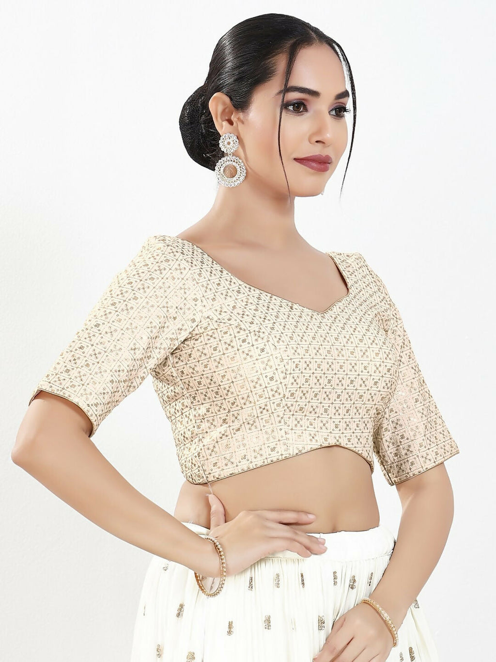 Joban Fashion Off White Silk Padded Blouse With Sweetheart Neck Elbow Sleeves | Grocsy