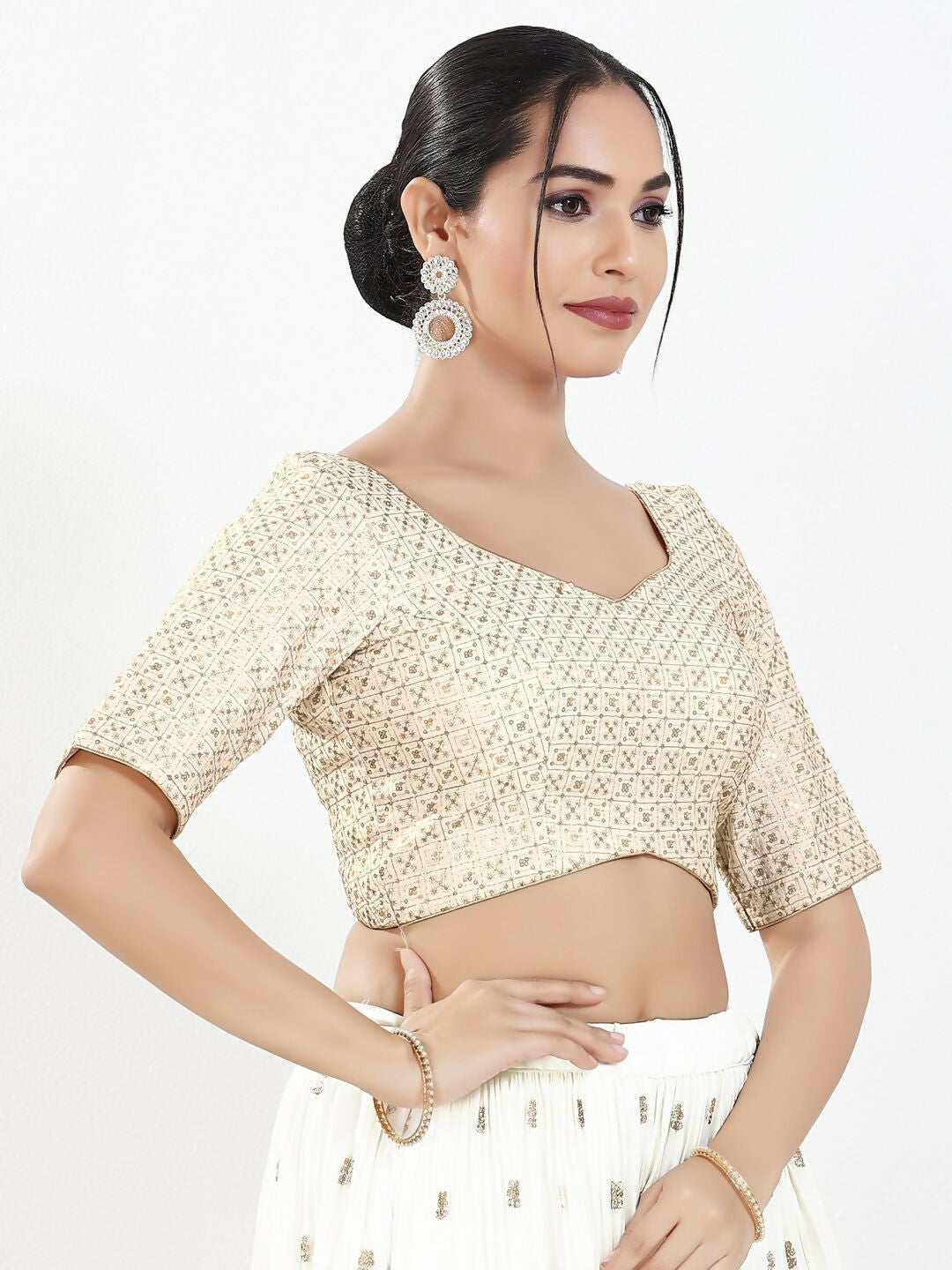 Joban Fashion Off White Silk Padded Blouse With Sweetheart Neck Elbow Sleeves | Grocsy