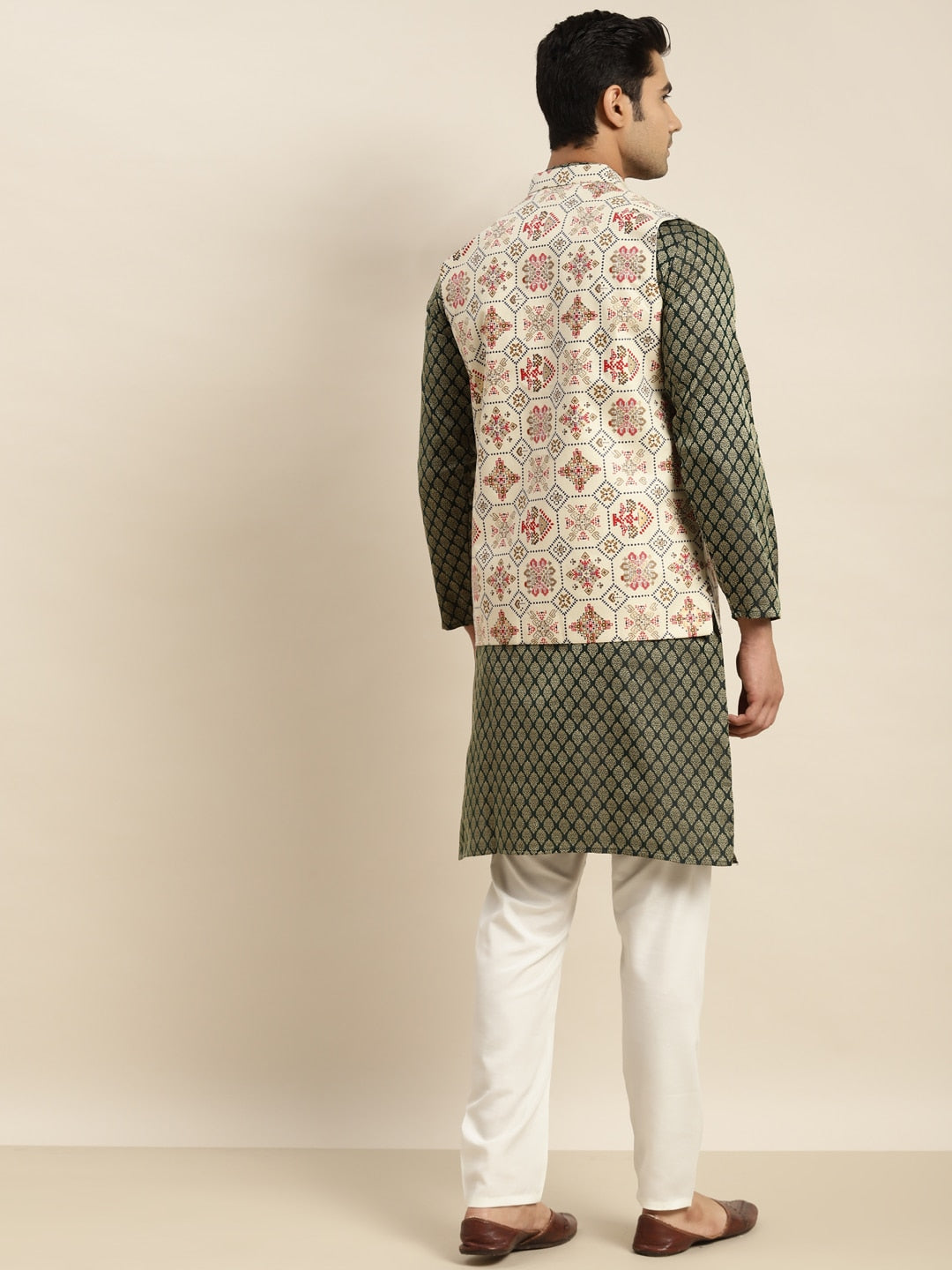 Sojanya Men Green Ethnic Motifs Kurta with Churidar & Nehru Jacket | Grocsy