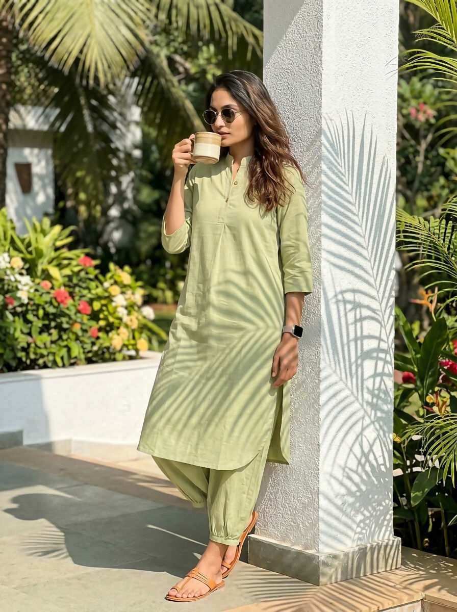 Gharana India Aira Matcha Green Cotton Co-ord Set | Grocsy