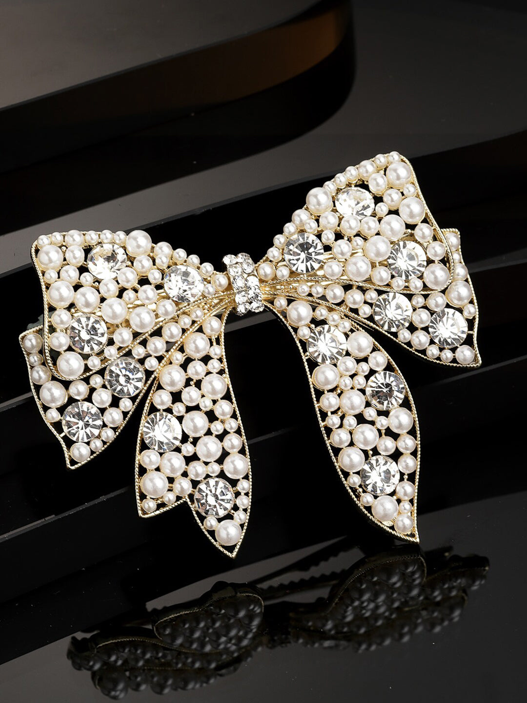 Panash Women Gold-Toned & White Embellished Bow-Shaped Alligator Hair Clip | Grocsy