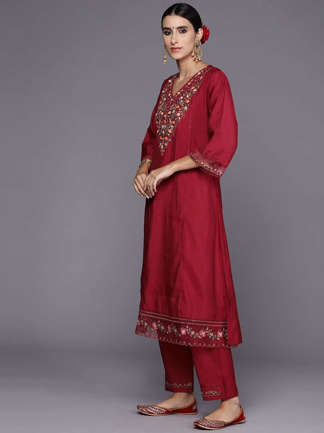 Indo Era Women Floral Yoke Design Panelled Thread Work Kurta with Trousers & Dupatta | Grocsy