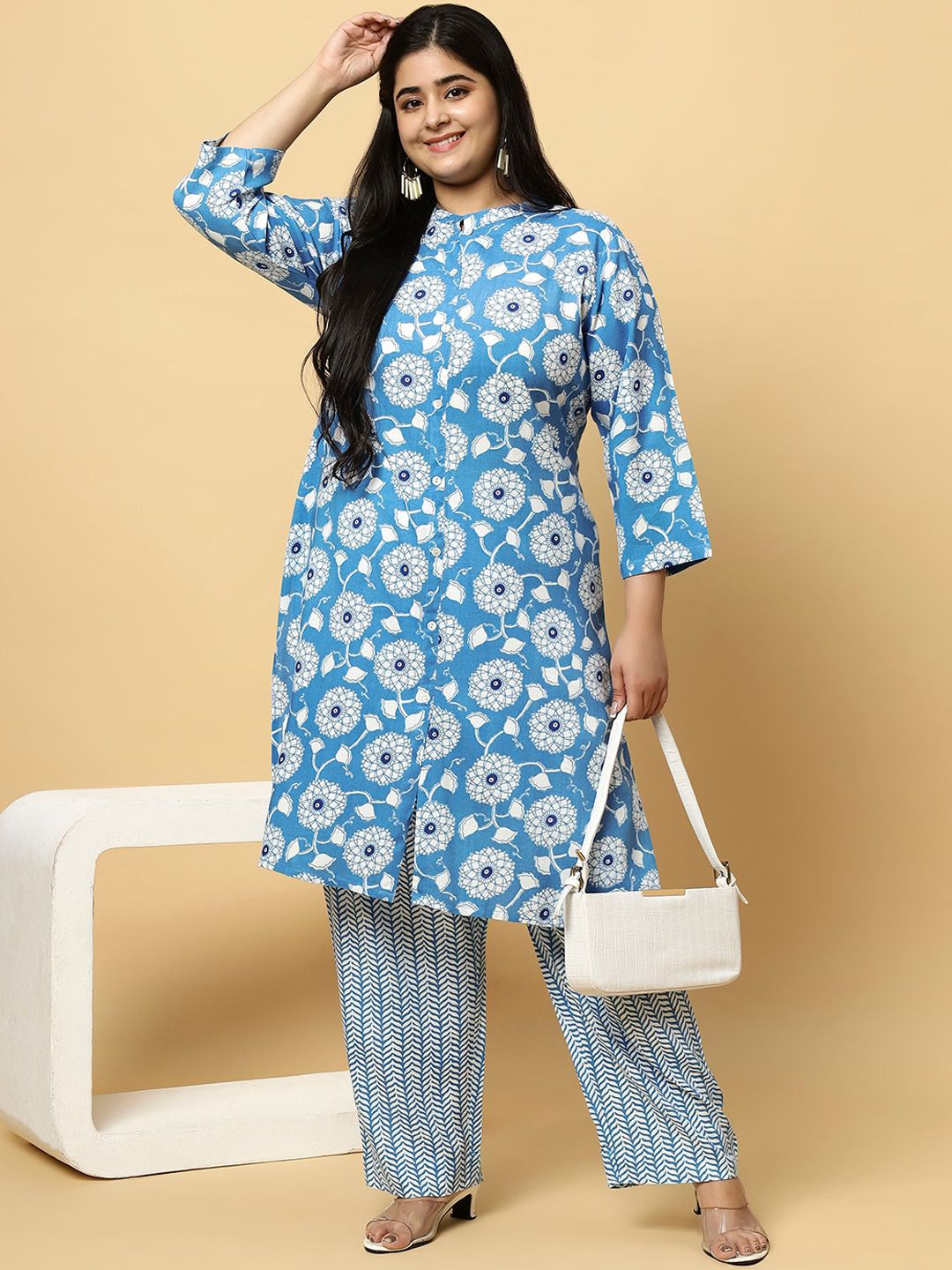 Sztori Plus Size Ethnic Motifs Printed Pure Cotton Kurta & Trouser | Grocsy