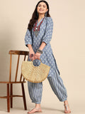 Sangria Blue & White Ethnic Motifs Printed V-Neck Pure Cotton A-Line Kurta With Salwar | Grocsy