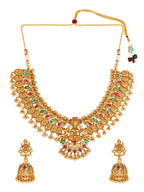 Aadita Gold-Toned Red & Green Stone-Studded Temple Jewelry Set | Grocsy
