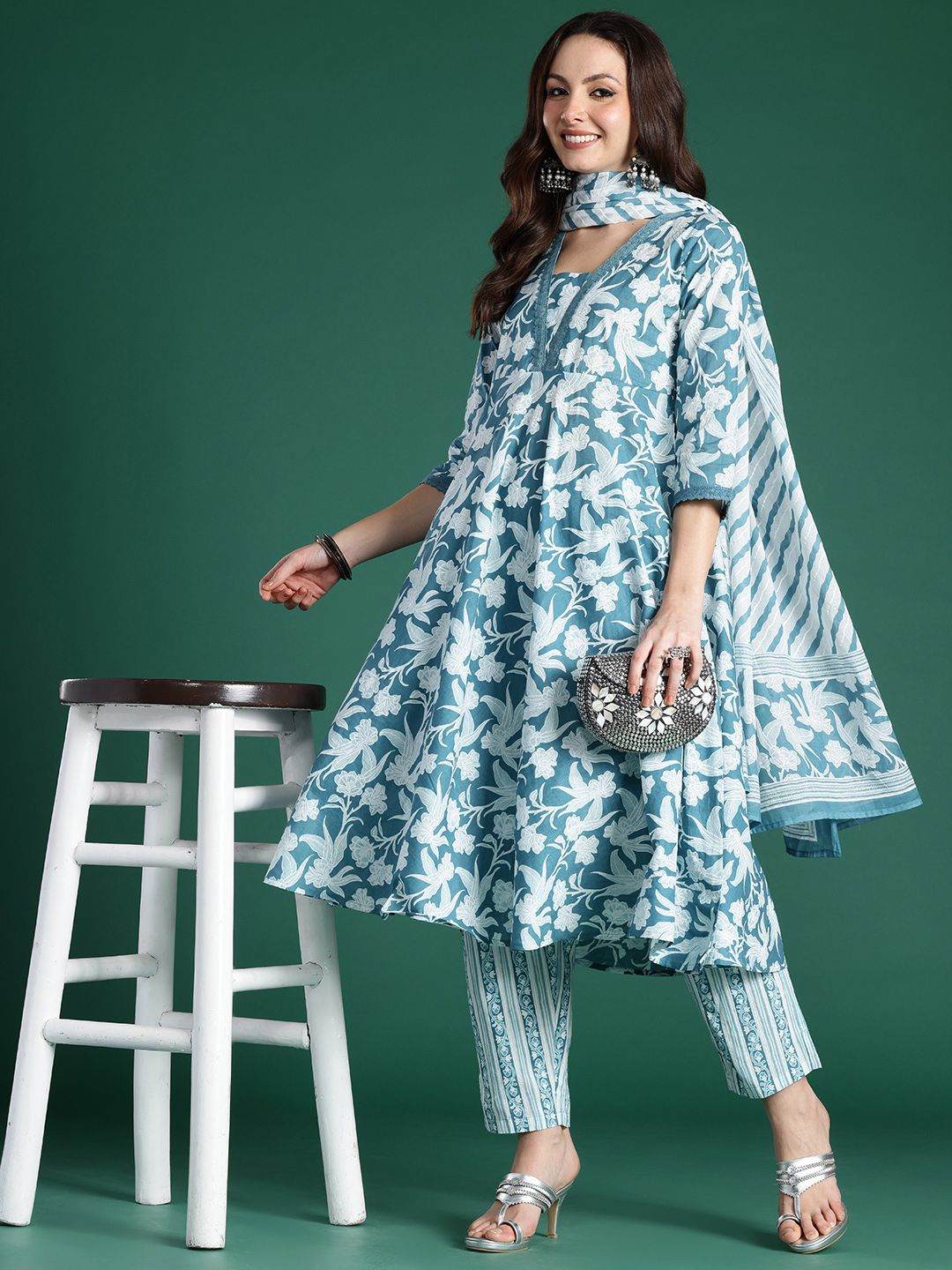 Indo Era Floral Printed Pure Cotton Kurta with Trousers & With Dupatta | Grocsy