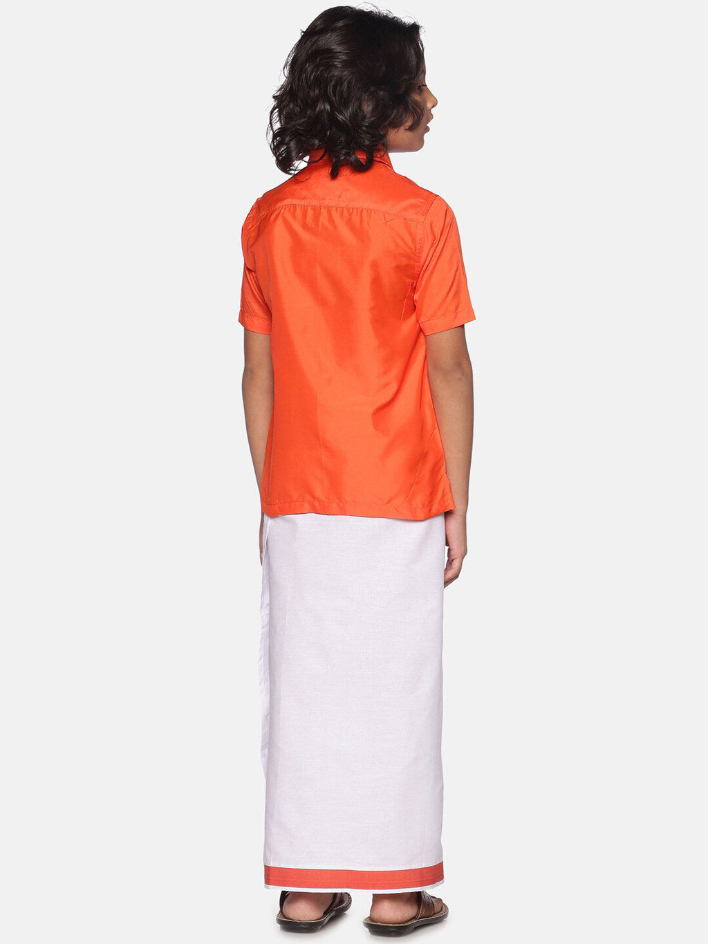 Sethukrishna Orange & White Solid Shirt with Dhoti Set For Boys | Grocsy