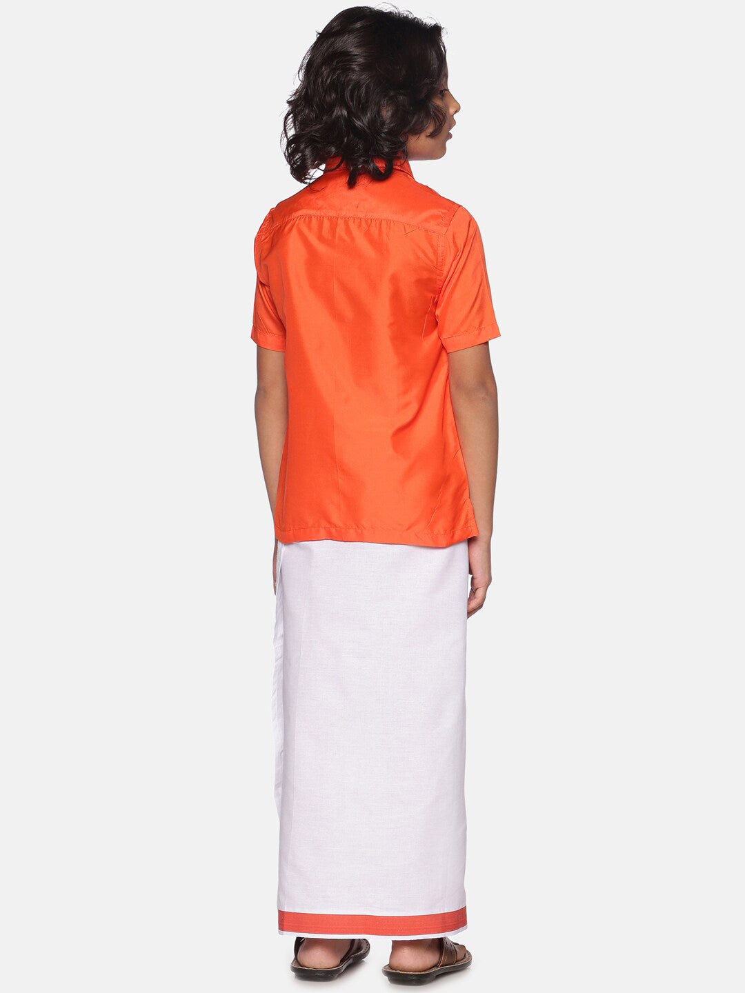 Sethukrishna Orange & White Solid Shirt with Dhoti Set For Boys | Grocsy