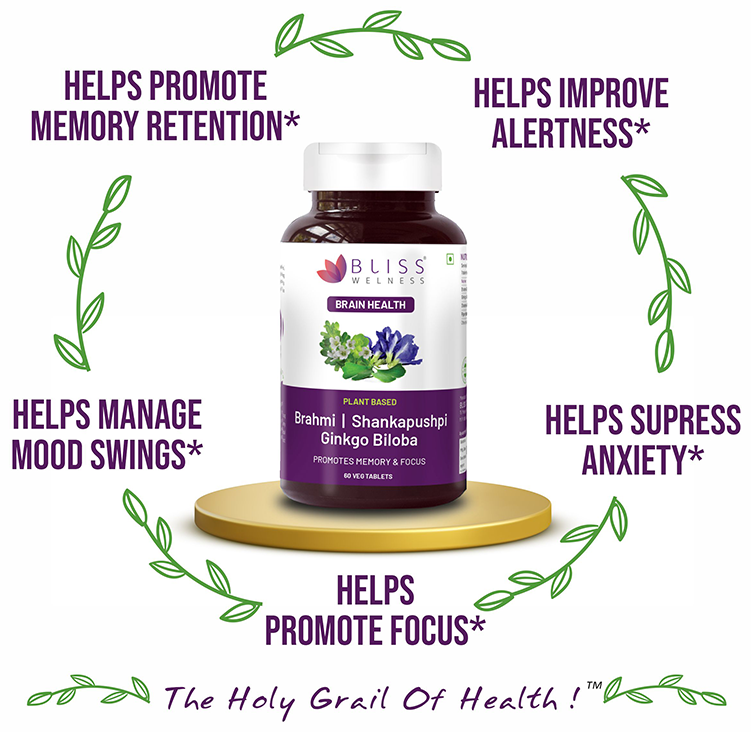 Bliss Welness Brain Health Brahmi + Shankapushpi Ginkgo Biloba Veg Tablet | Grocsy