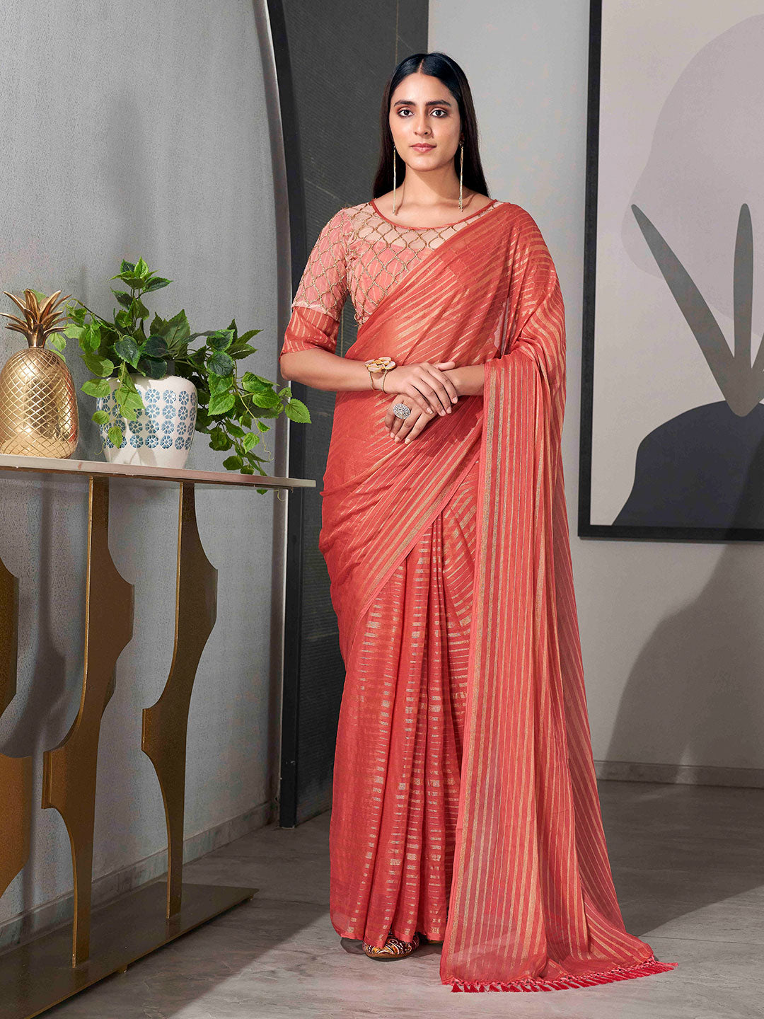 Tikhi Imli Striped Chiffon Ready to Wear Saree | Grocsy