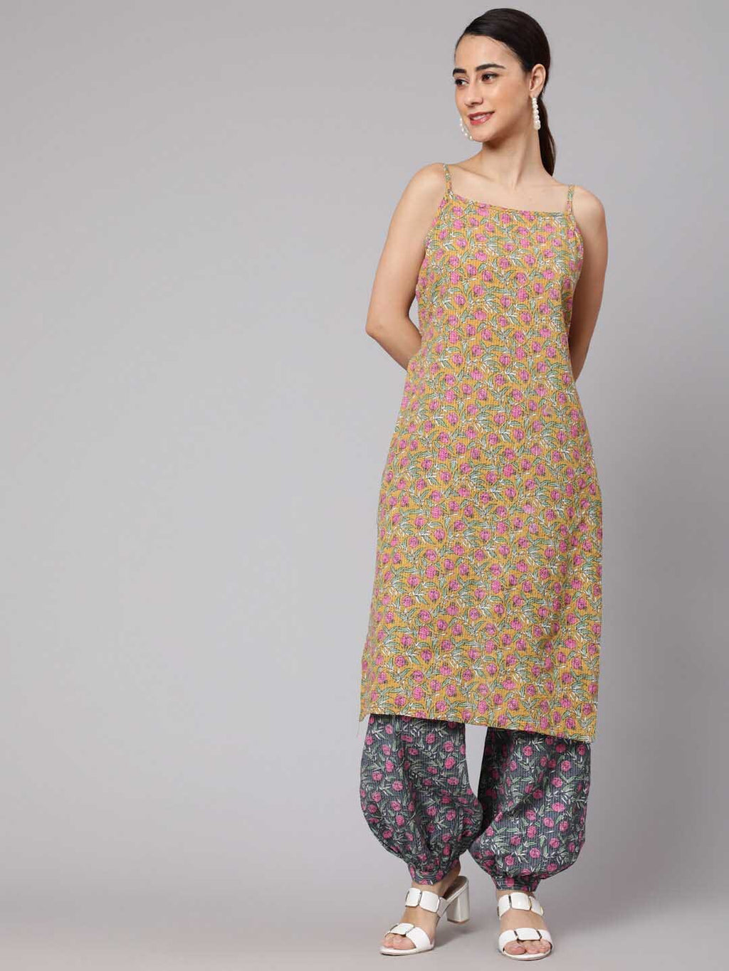 Aks Floral Printed Shoulder Straps Pure Cotton Kurta with Harem Pants | Grocsy