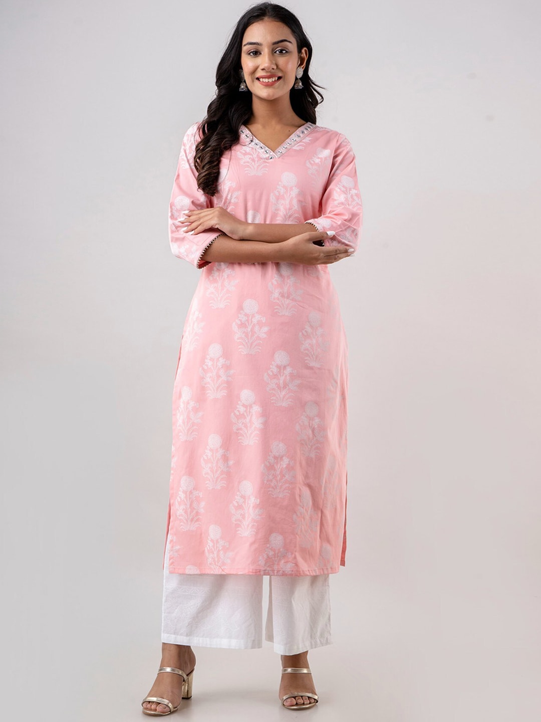 HERE&NOW Women Ethnic Motifs Printed Pure Cotton Kurta with Trousers | Grocsy