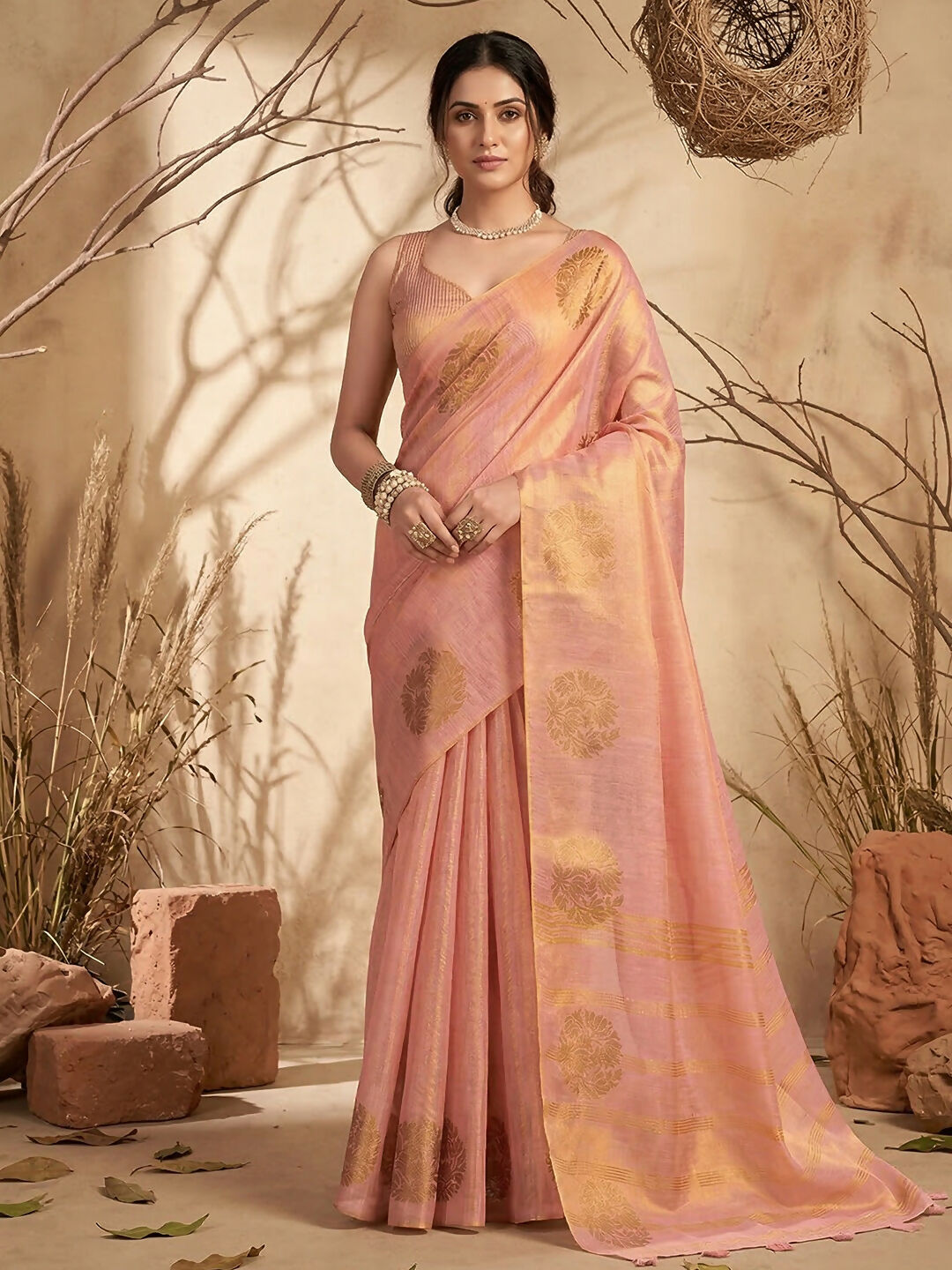Shree Shyam Fashion Pink Tissue Silk Saree | Grocsy