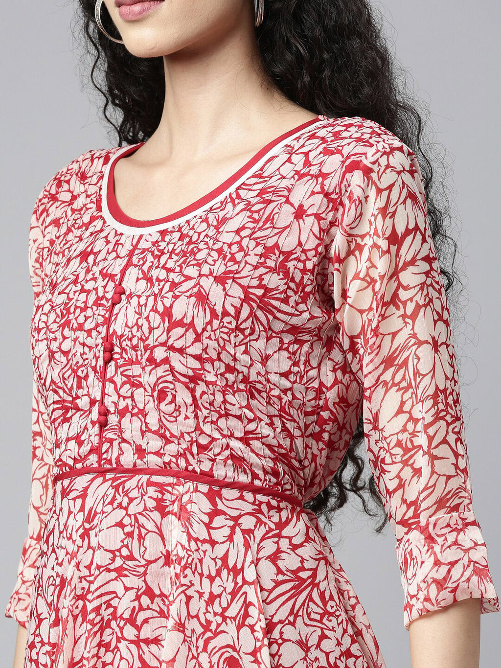 Souchii White & Red Floral Layered Chiffon Beautiful Midi Dress | Grocsy