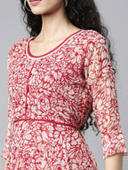 Souchii White & Red Floral Layered Chiffon Beautiful Midi Dress | Grocsy