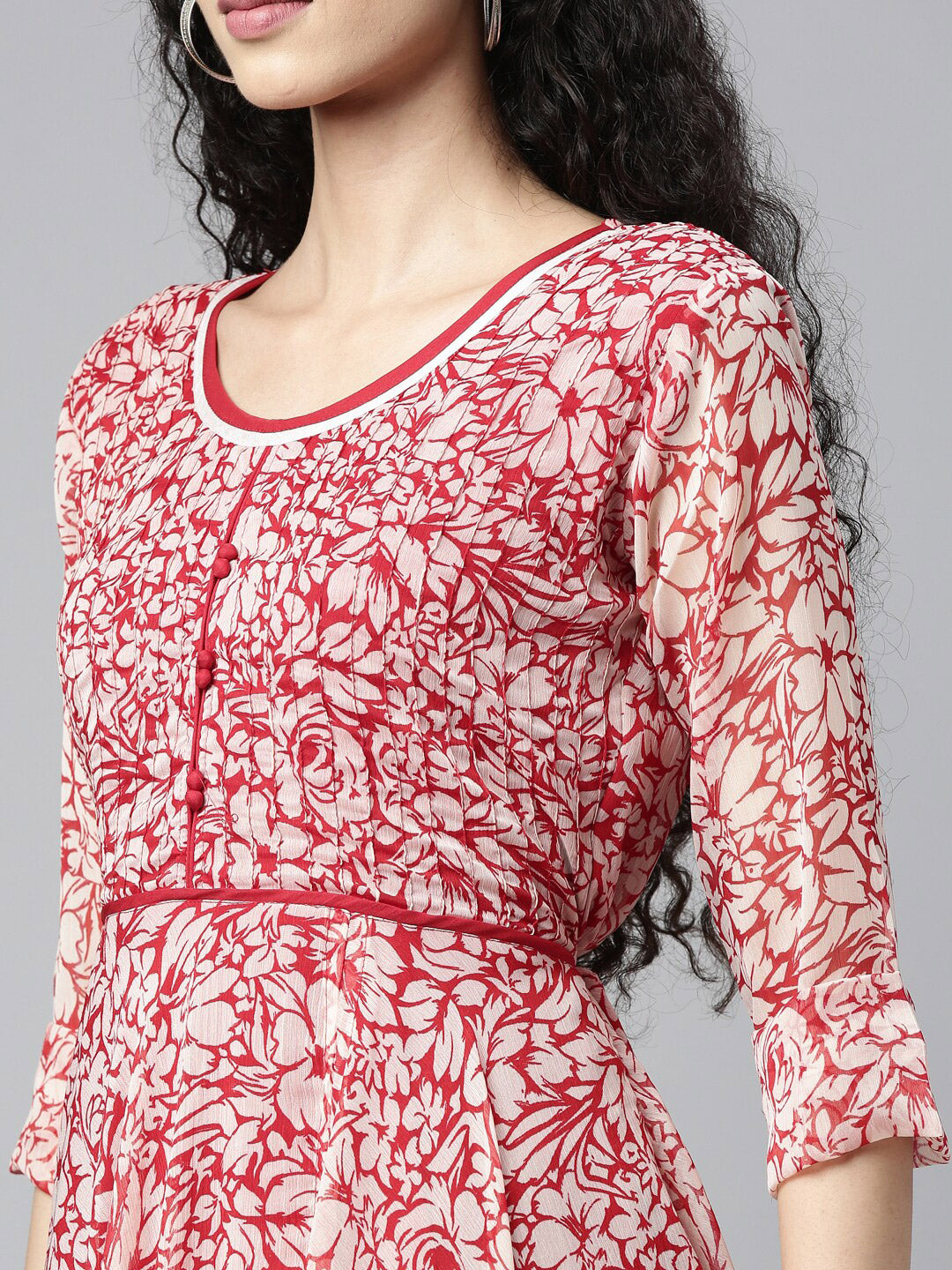 Souchii White & Red Floral Layered Chiffon Beautiful Midi Dress | Grocsy