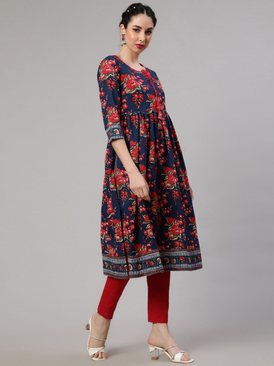 Aks Floral Printed Tie-Up Neck Pleated Cotton A-Line Kurta | Grocsy