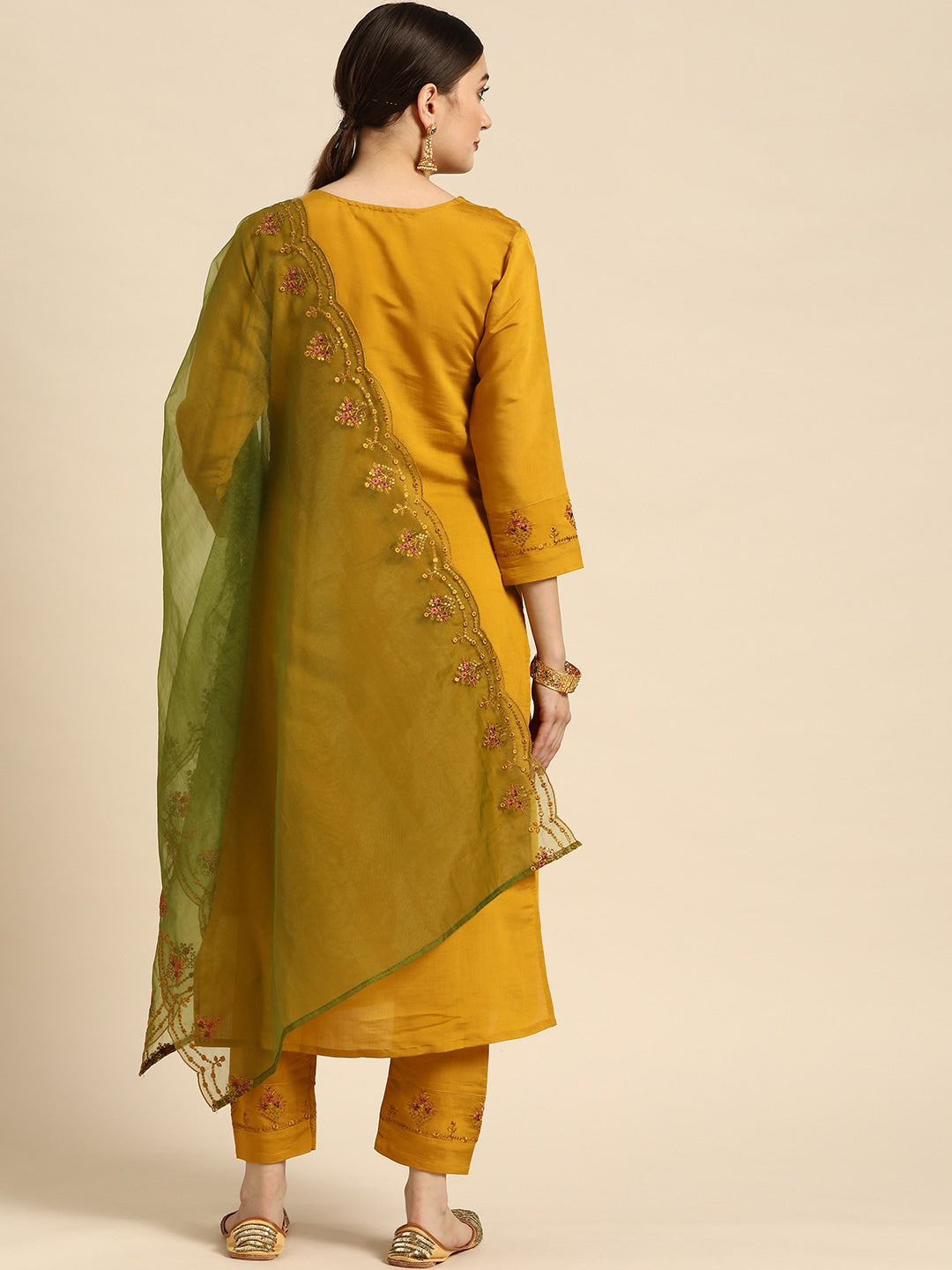 Sangria Women Mustard Yellow & Green Ethnic Motifs Embroidered Cotton Kurta Set | Grocsy