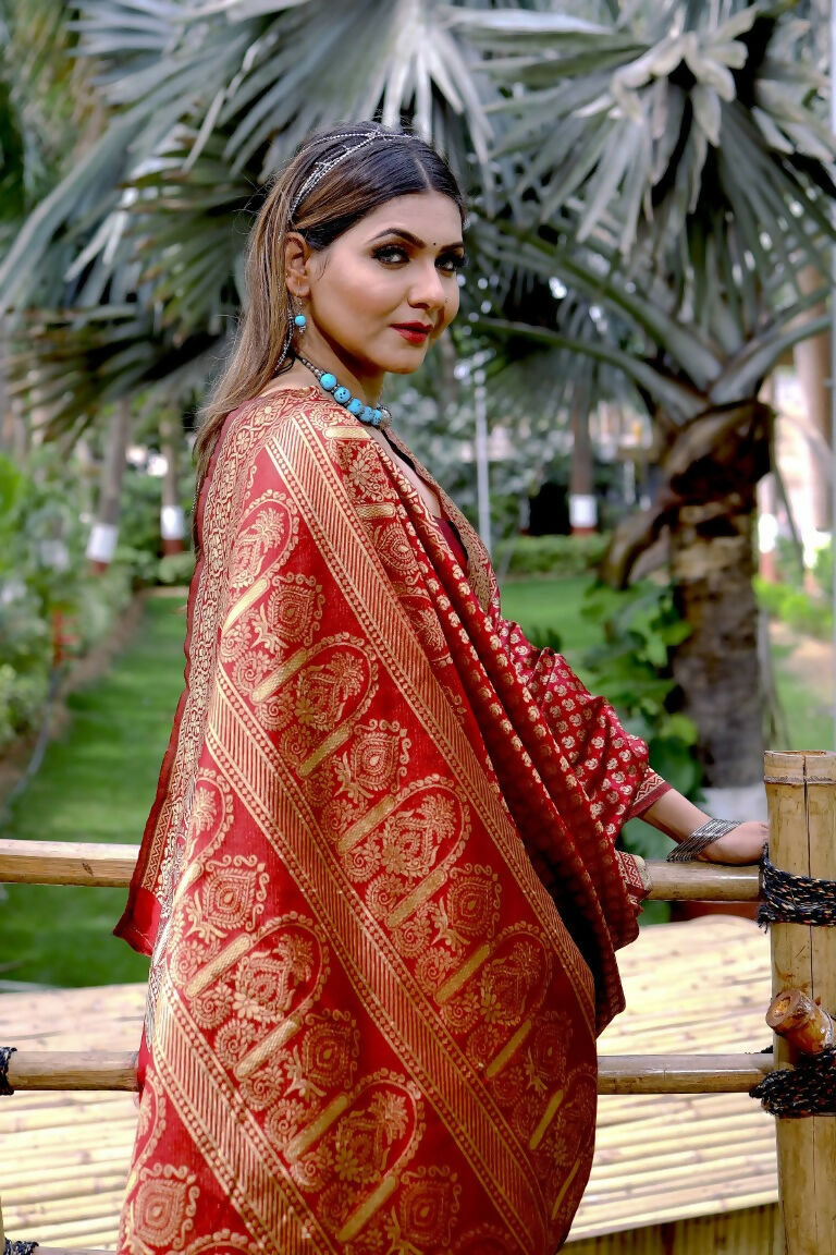 Partywear Designer Red Banarasi Silk Fancy Saree - Starwalk | Grocsy