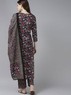 Yufta Women Navy Blue & Red Floral Printed Pure Cotton Kurta with Trouser and Dupatta | Grocsy