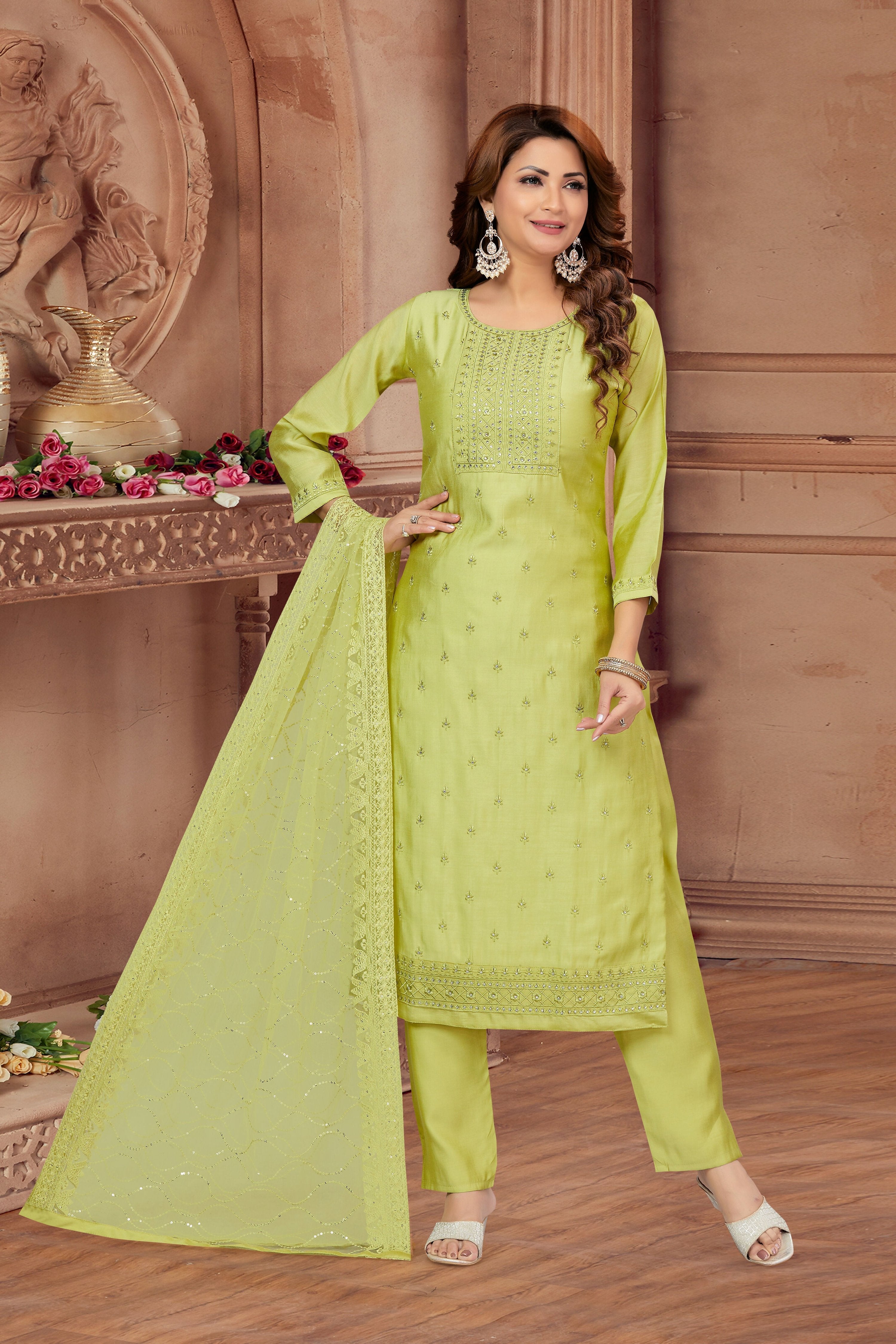 Joban Fashion Pista Soft Silk Resham Embroidery Work Kurta Set | Grocsy