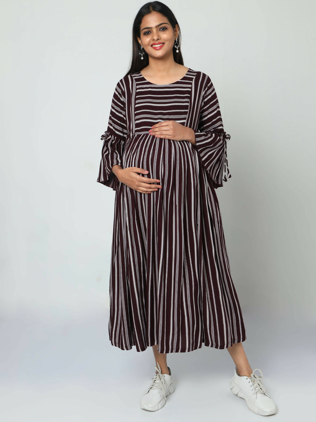 Manet Three Fourth Maternity Dress Striped With Concealed Zipper Nursing Access - Brown | Grocsy