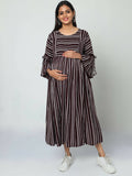 Manet Three Fourth Maternity Dress Striped With Concealed Zipper Nursing Access - Brown | Grocsy