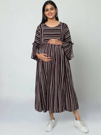 Manet Three Fourth Maternity Dress Striped With Concealed Zipper Nursing Access - Brown | Grocsy